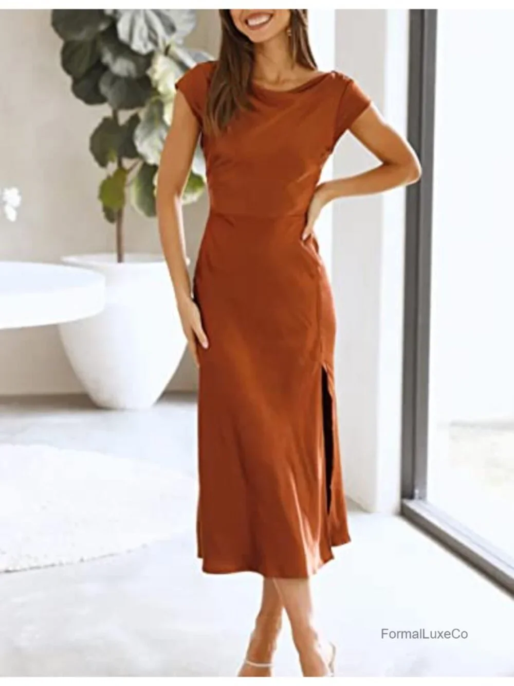 Satin Midi Dress Twist Back Cutout Formal Wedding Guest Cocktail Cap Sleeve